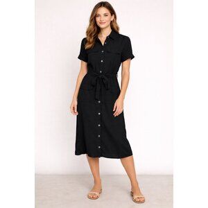 Primark Black Button Down Shirt Dress Size 2 Tie Waist Short Sleeve EUC